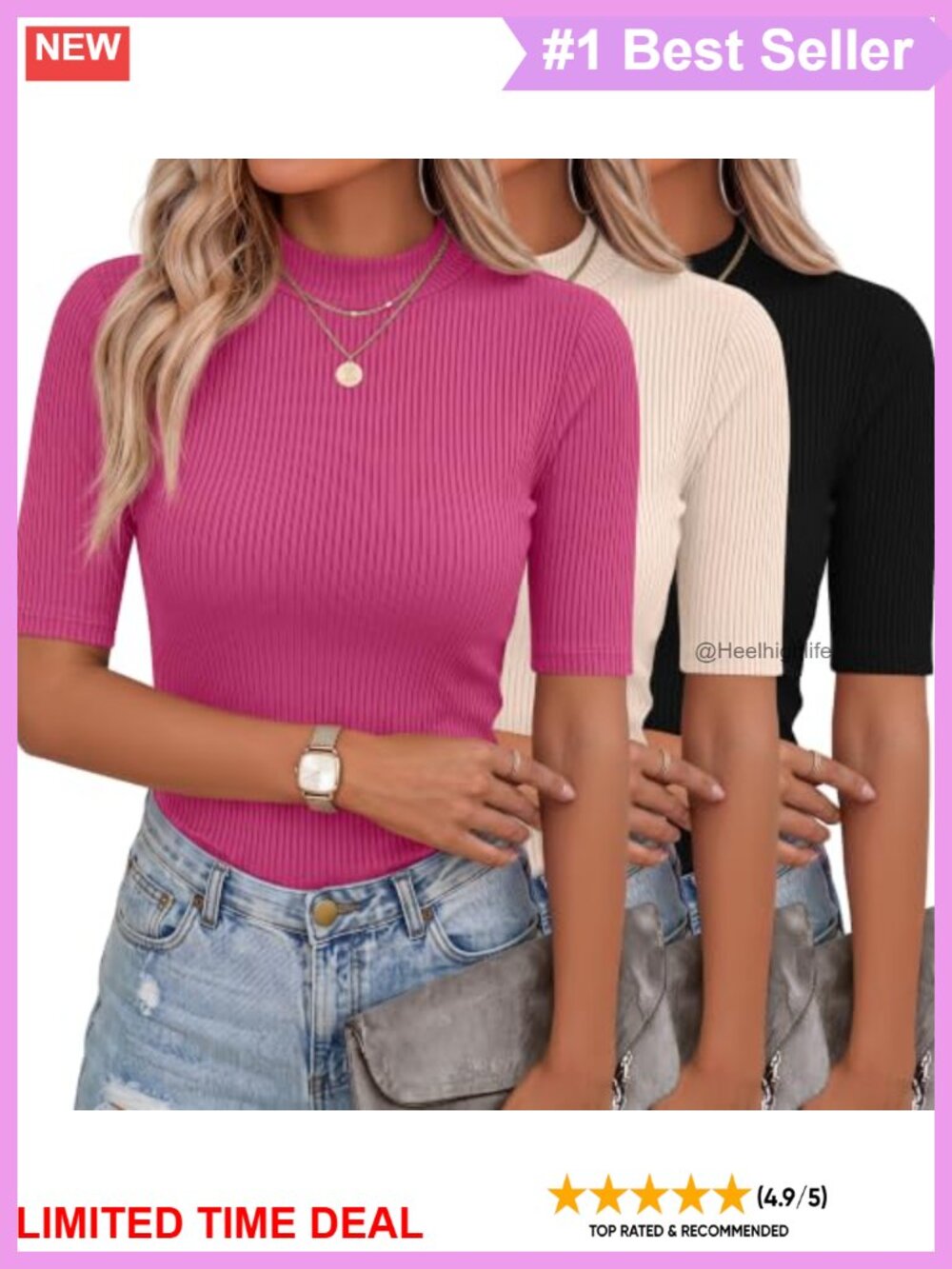 3 Pack Women's Ribbed Turtleneck T-Shirts Mock Neck Half Sleeve Slim Fit